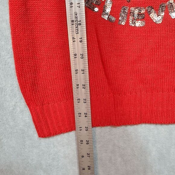 POOF Sweater Womens Small Red Sequin Santa Merry Christmas Don't Stop Believing - Picture 4 of 7
